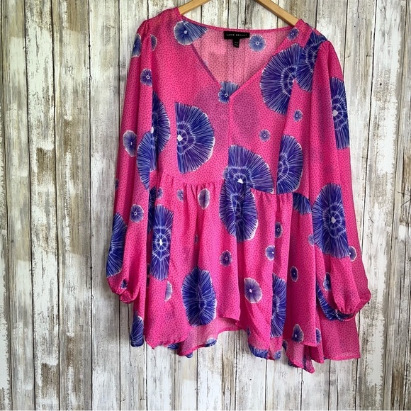 Lane Bryant Relaxed V Neck Babydoll Sheer Blouse in Batik - Picture 2 of 9